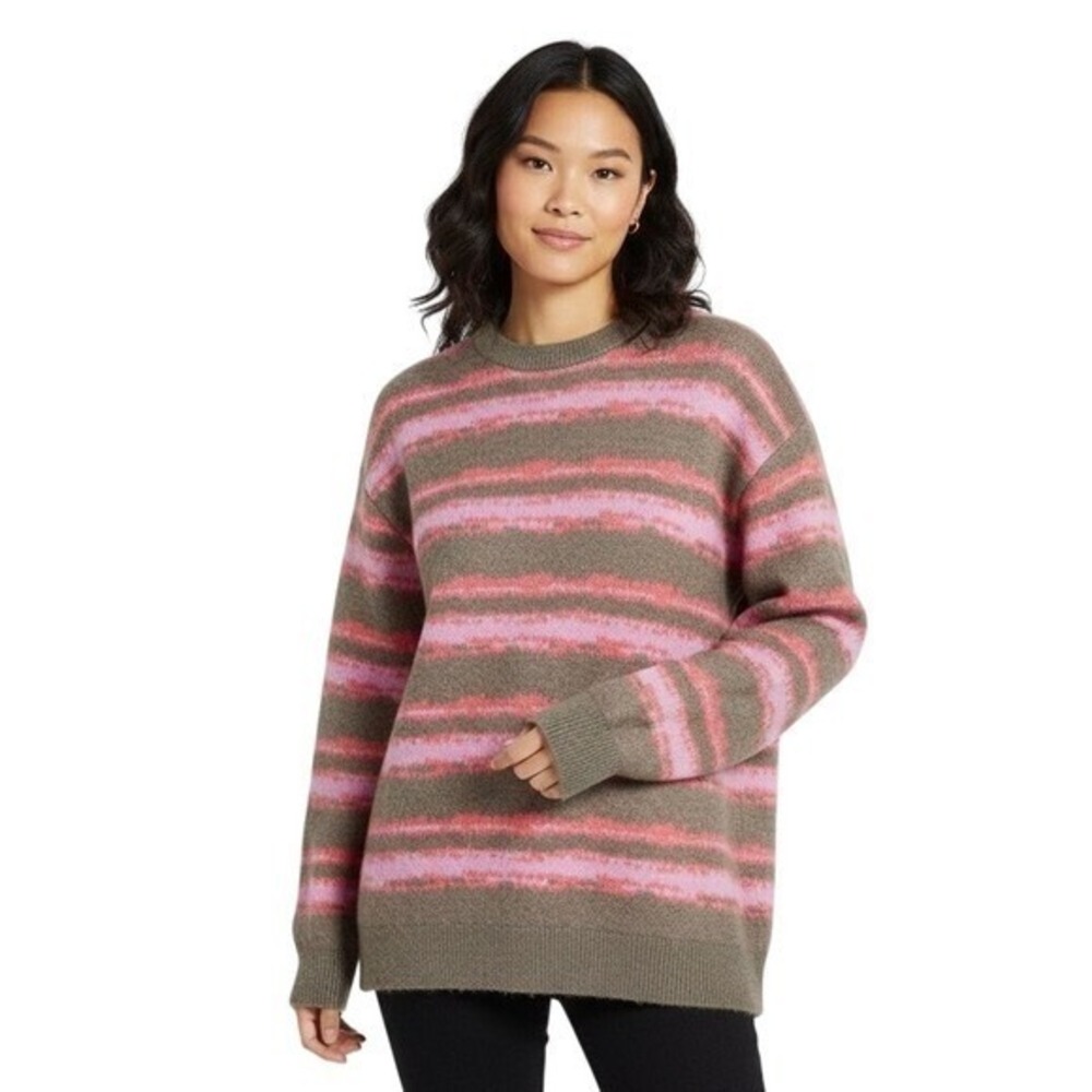 Zara Striped Knit Crewneck Sweater Pink Green Grunge Oversized Size M